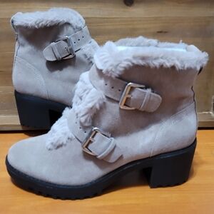 Violet & Red Hailey Leather Fur Tan Zip Booties